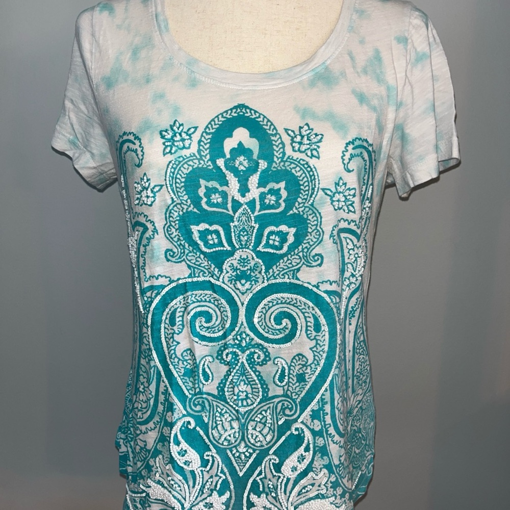 Exclusive Decoration Teal and White Women's Top